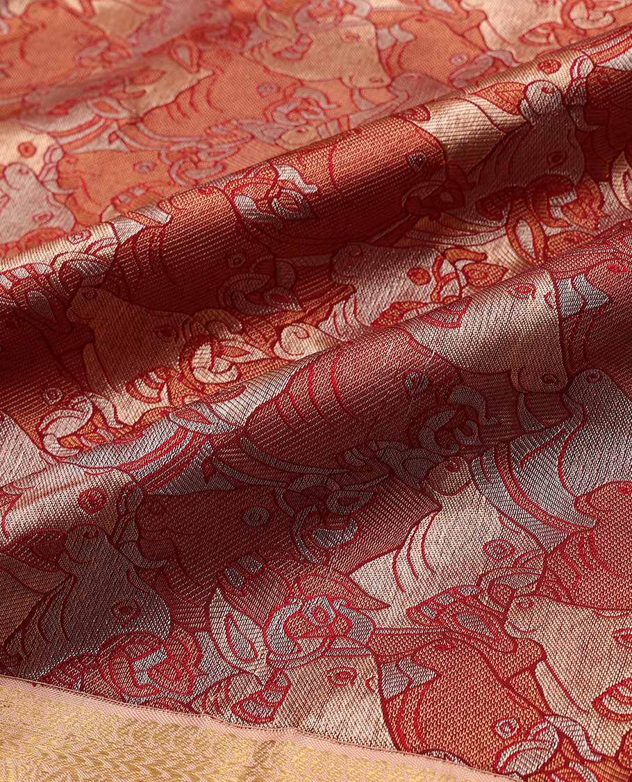 Red pichwai cow jacquard Samudrika silk saree, contrast border of manga mokku,kathir & jaal design & intricate zari woven pallu - Image 5