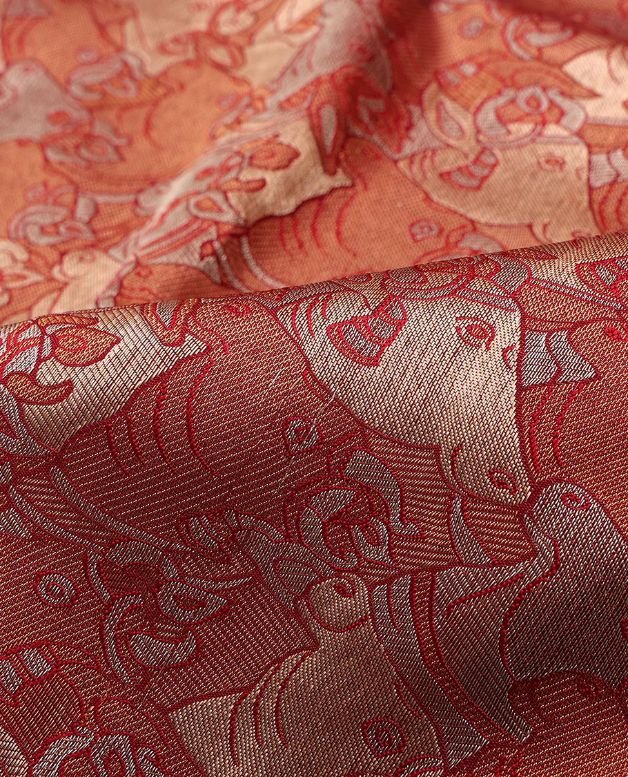 Red pichwai cow jacquard Samudrika silk saree, contrast border of manga mokku,kathir & jaal design & intricate zari woven pallu - Image 6
