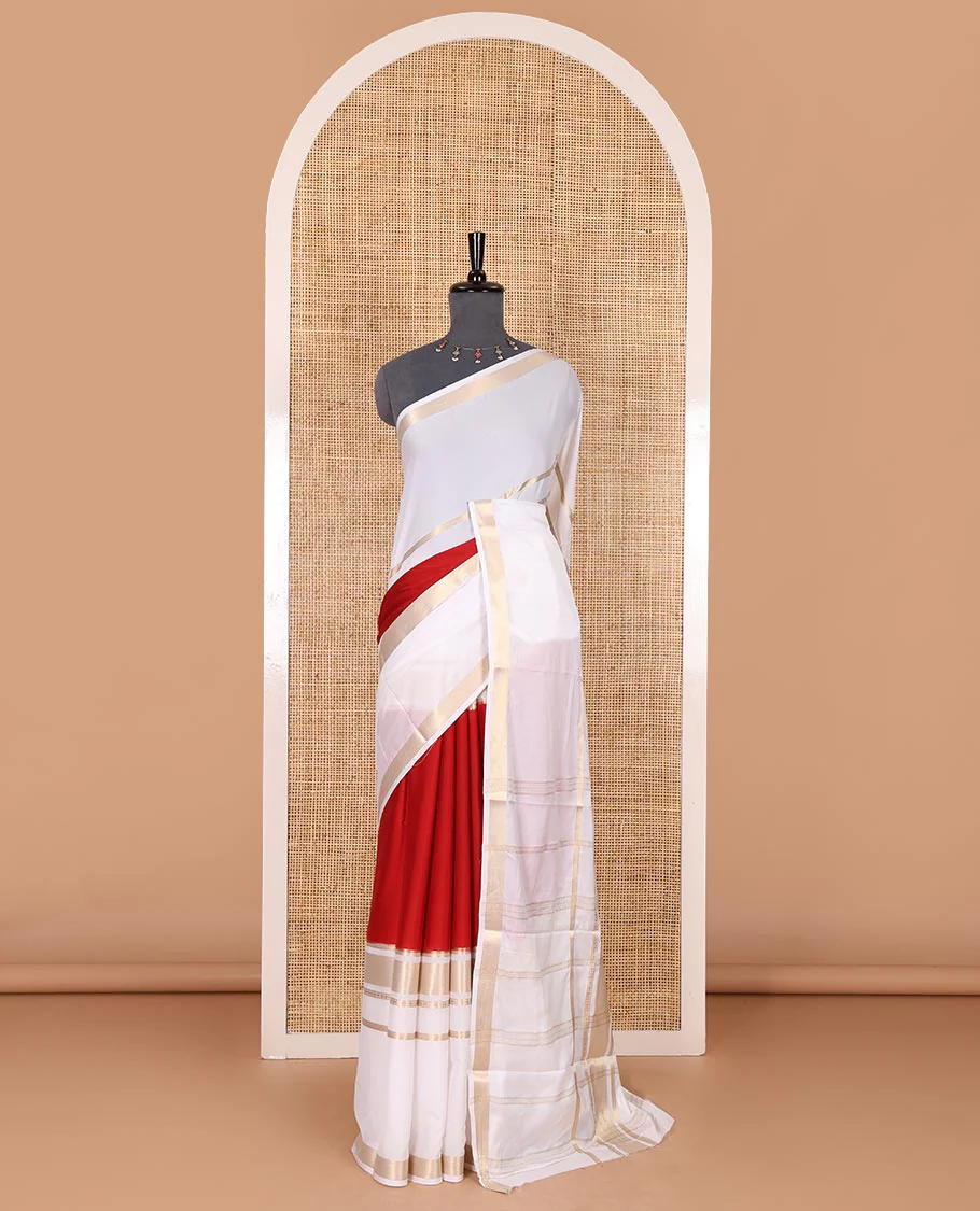 Red plain Art Mysore silk saree, contrast traditional zari big border, zari striped pallu, and a matching zari design blouse - Image 2