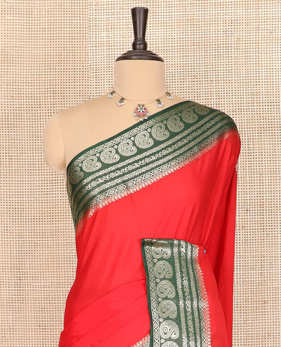 Red plain art mysore silk saree, contrast traditional zari border of paisleys, and zari design pallu - Image 3