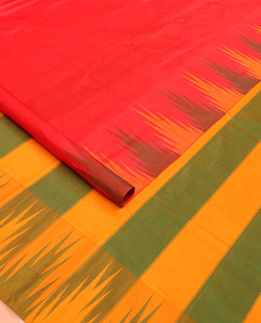Red plain Bangalore silk saree, contrast temple border, and pallu of stripes and temple design - Image 2