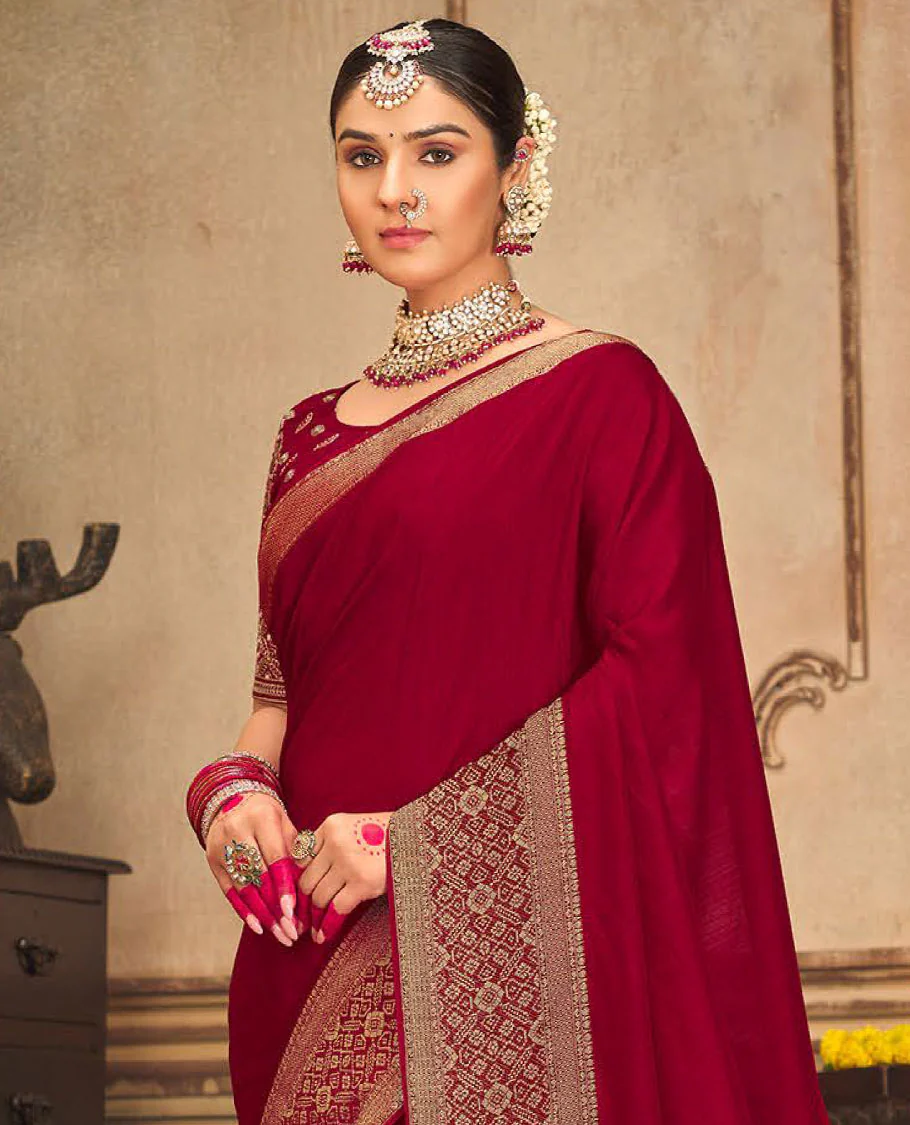 Red plain designer saree, patola-style motifs woven border, and zari striped pallu - Image 2