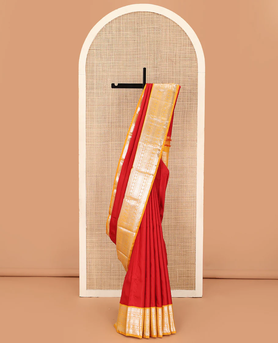 Red plain Kanchipuram silk saree, contrast korvai border of muthu, vanki, neli, rudraksham, and mayil kann, and traditional zari steeped pallu - Image 3