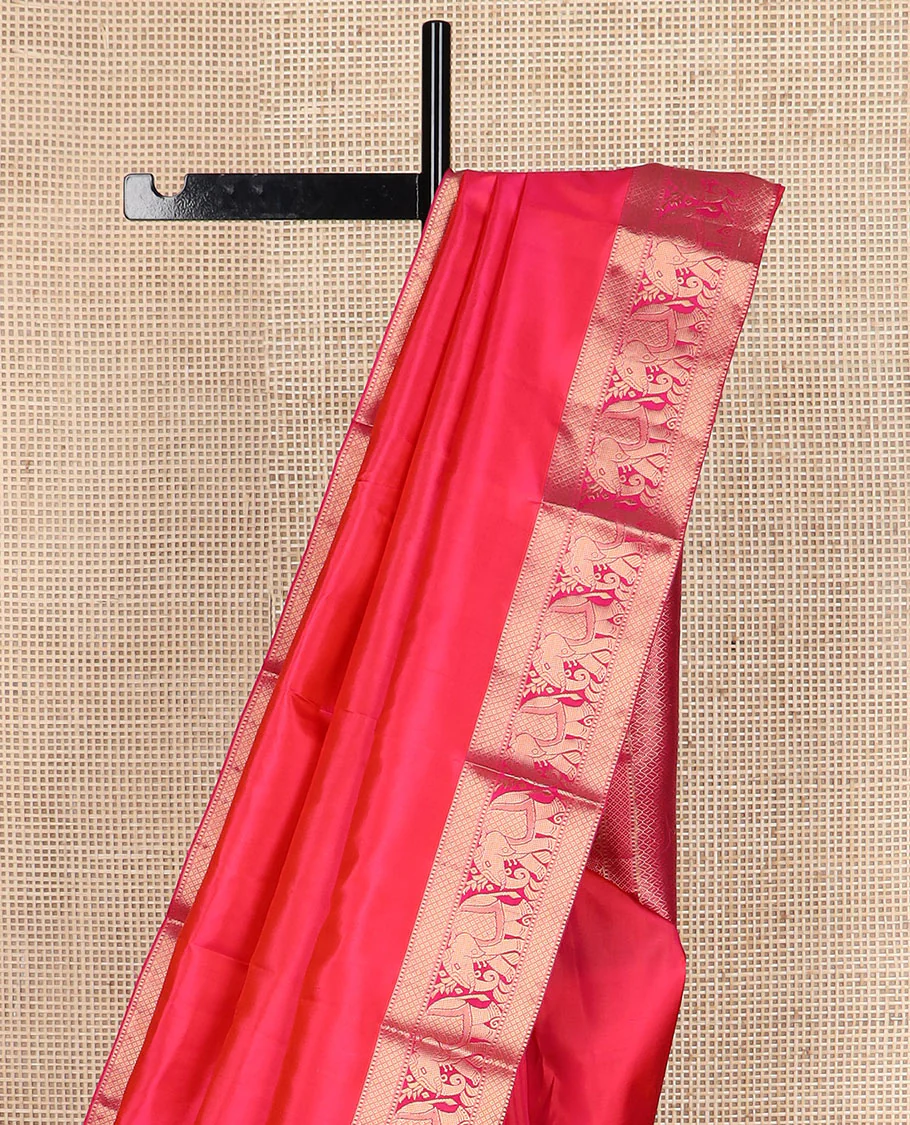 Red plain Kanchipuram silk saree, zari border of Muthu, mayil kann & yaanai designs & jaal pallu - Image 4