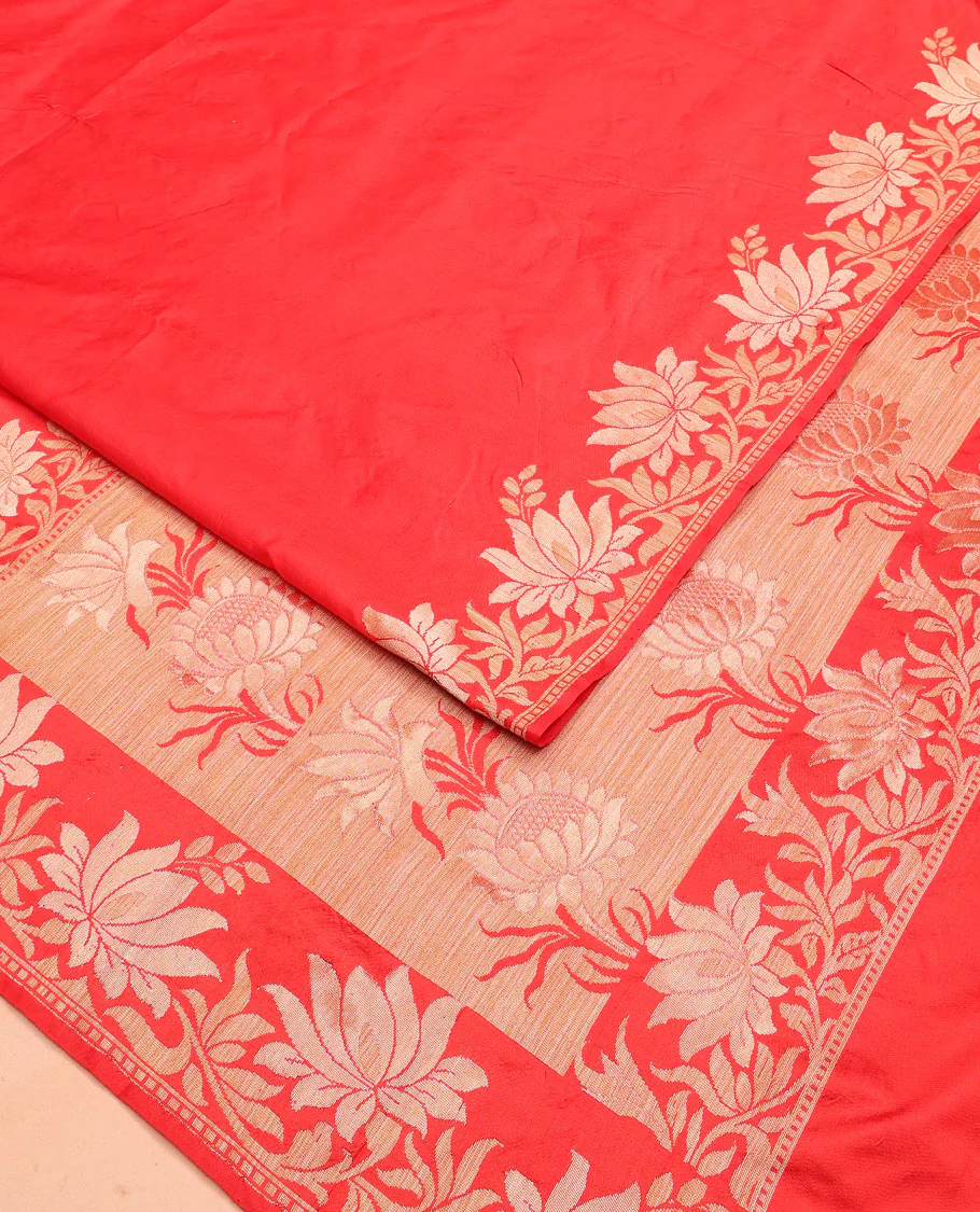 Red plain kathan silk saree, lotus floral creeper border, and lotus floral design pallu - Image 2