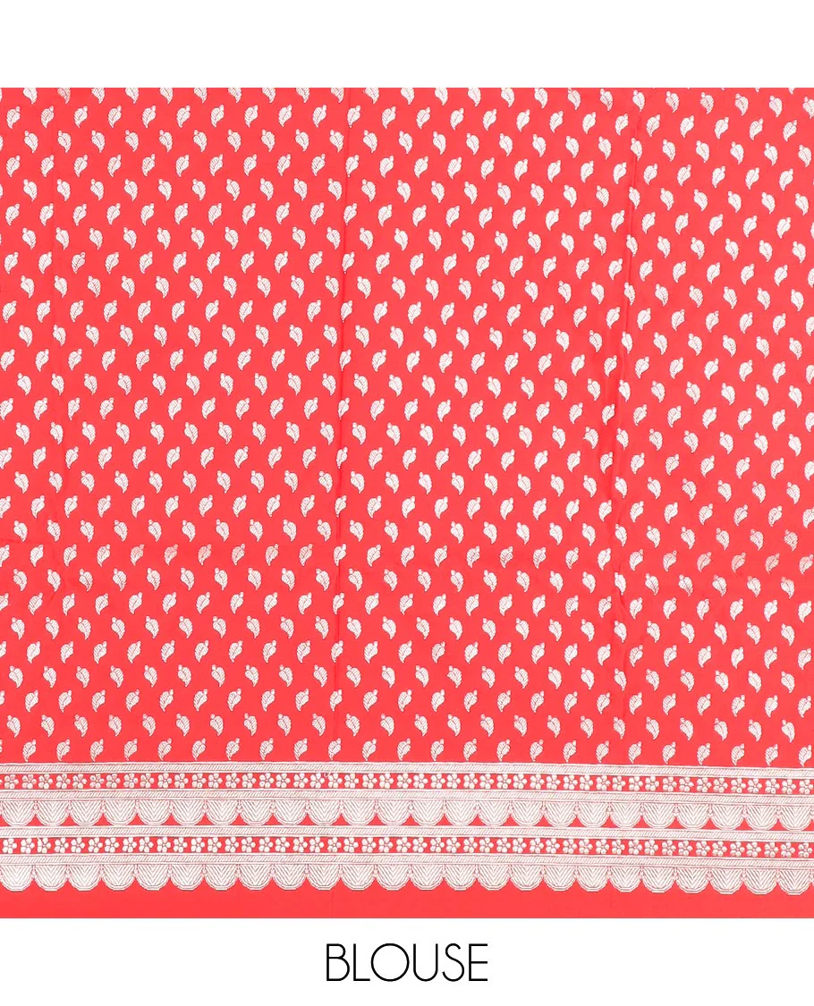 Red plain mushru silk saree, self-border of scallop design, floral, and tree motifs, and intricately designed pallu - Image 4