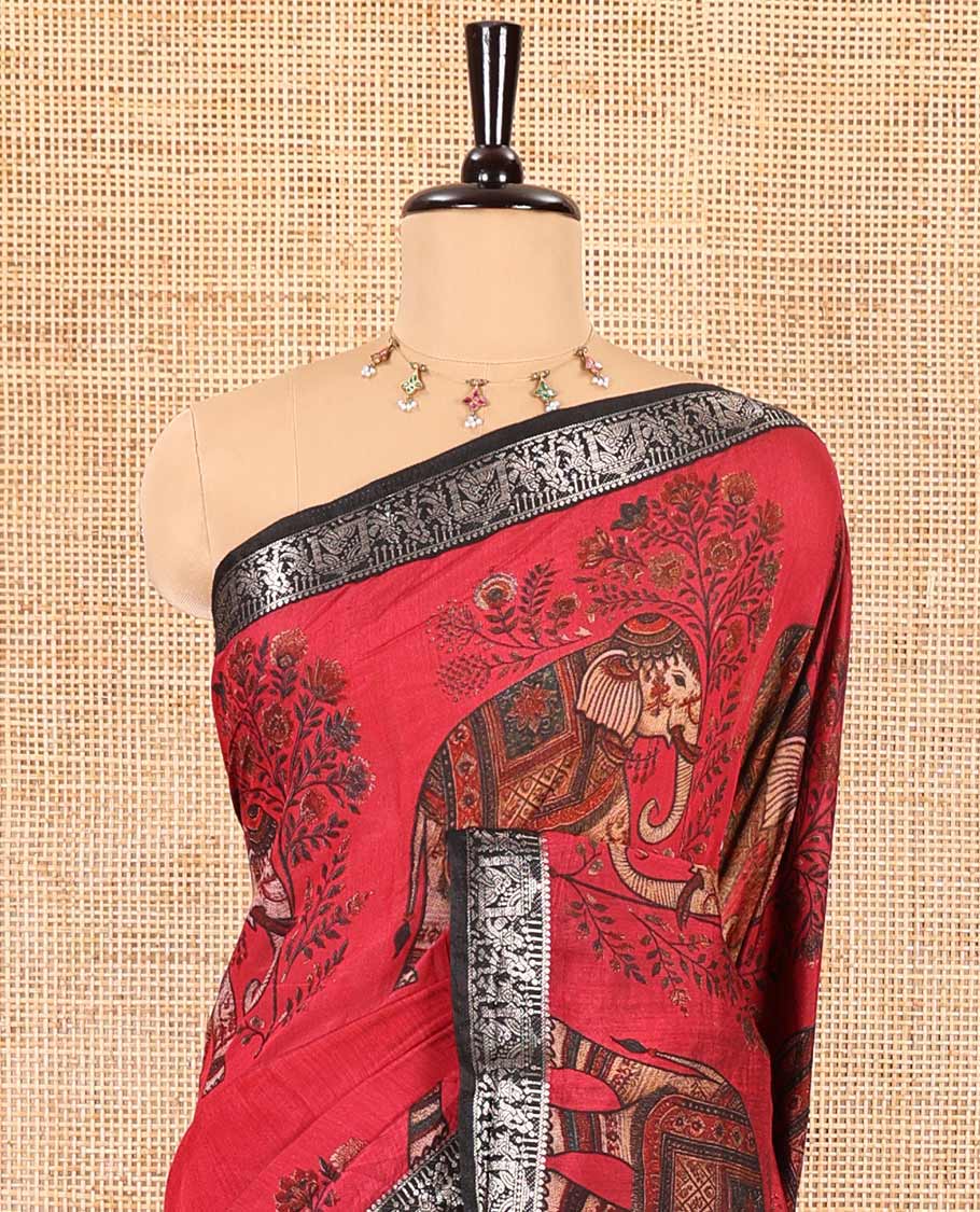 Red plain muslin cotton saree, contrast wedding-theme of floral and elephant motifs print, printed pallu, and a contrast buttas and zari bordered blouse - Image 3