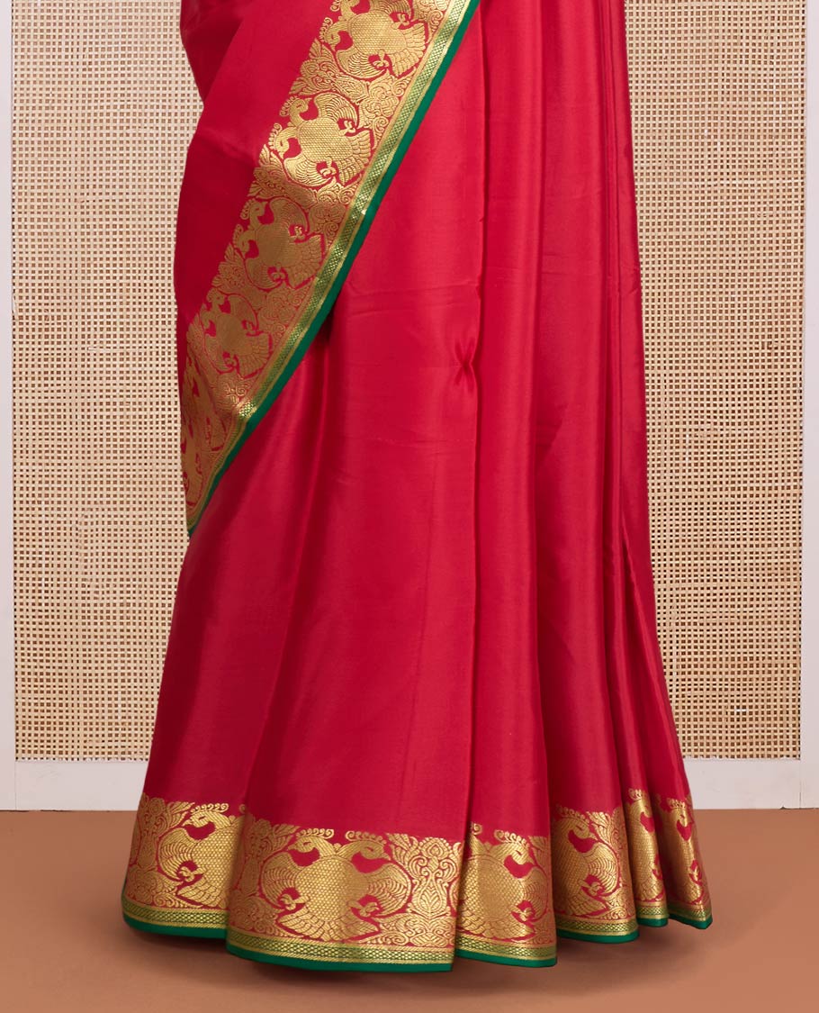 Red plain Mysore silk saree, contrast zari border of two-headed eagle motifs, and pallu steeped with two-headed eagle motifs - Image 4