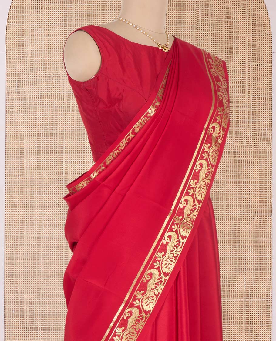 Red plain Mysore silk saree, peacock motifs zari border l, and zari striped pallu - Image 2