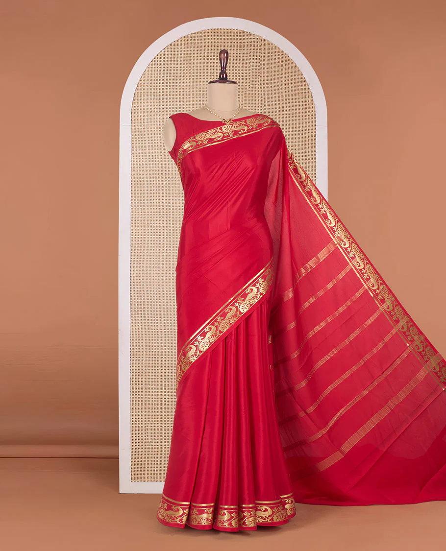 Red plain Mysore silk saree, peacock motifs zari border l, and zari striped pallu - Image 3
