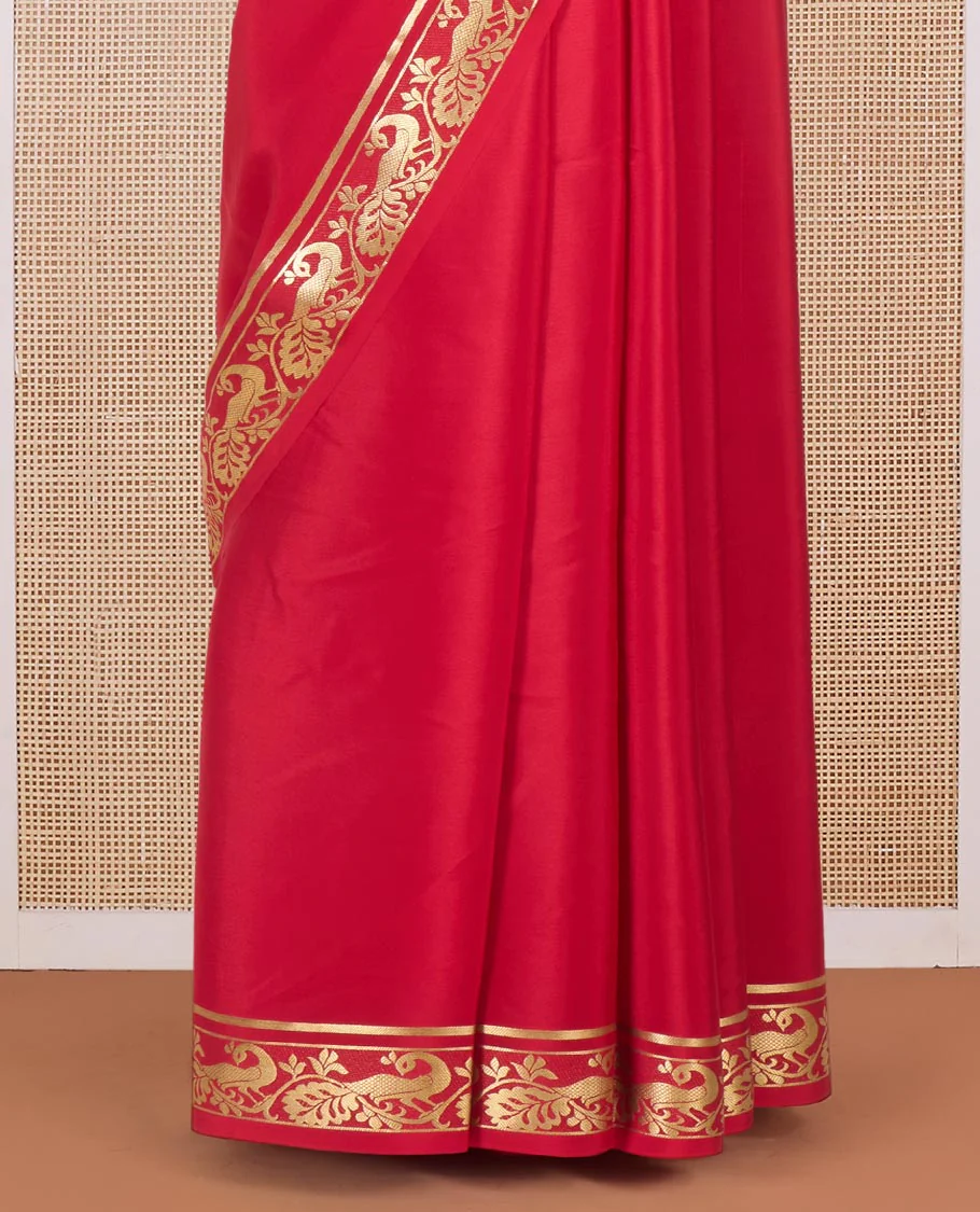 Red plain Mysore silk saree, peacock motifs zari border l, and zari striped pallu - Image 4