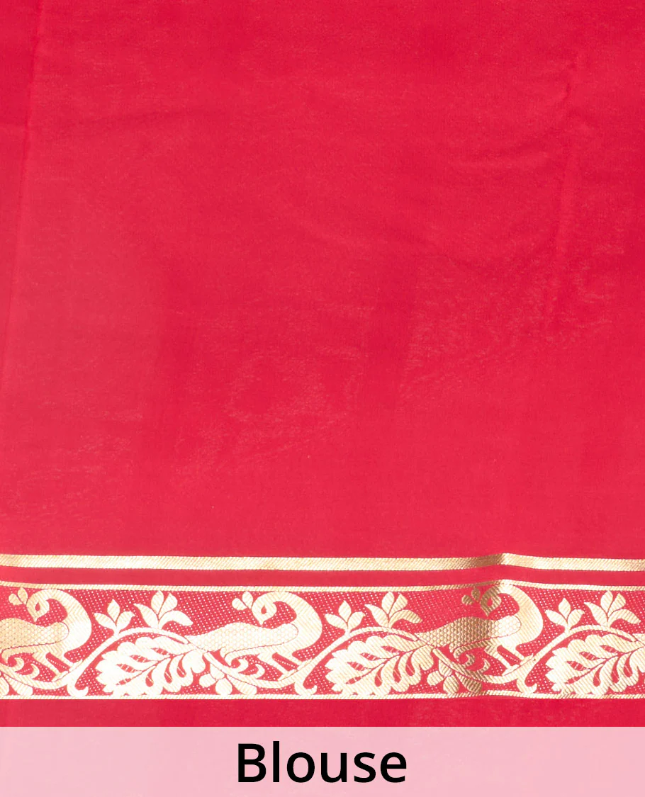 Red plain Mysore silk saree, peacock motifs zari border l, and zari striped pallu - Image 5