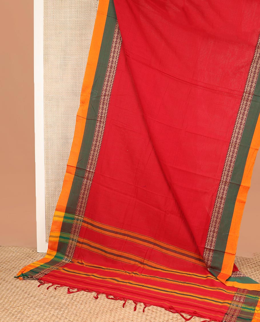 Red plain Narayanapet cotton saree, contrast rudraksham and temple motifs thread woven border, and striped pallu - Image 2