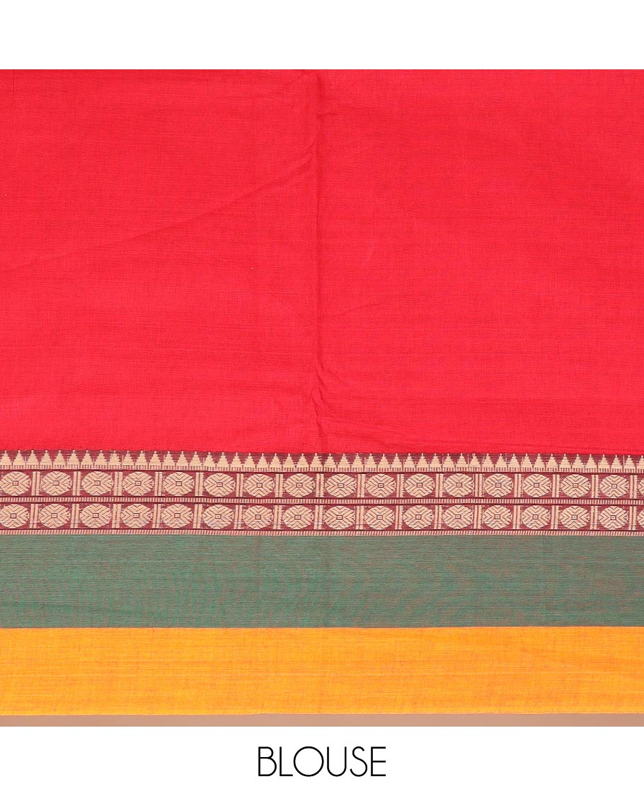 Red plain Narayanapet cotton saree, contrast rudraksham and temple motifs thread woven border, and striped pallu - Image 3