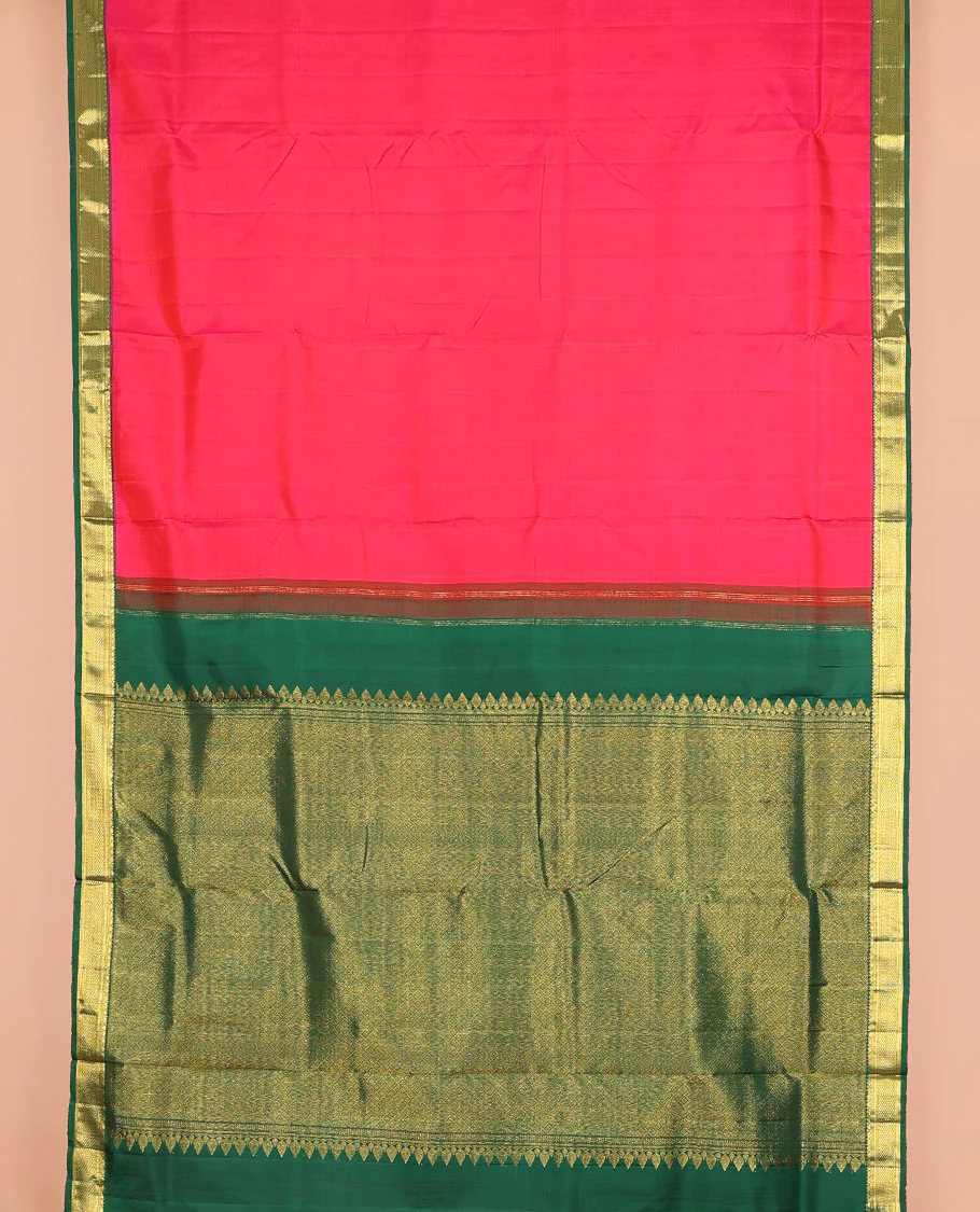 Red plain nine-yard silk saree, contrast korvai border of thilakam, banaras, kathir, and mayil kann designs, and jaal pallu - Image 2