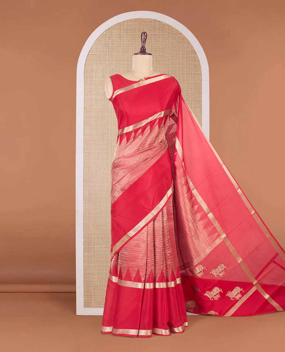Red plain shimmer Mysore silk saree, rettai pettu temple border, and Pichwai cow motifs zari pallu - Image 2