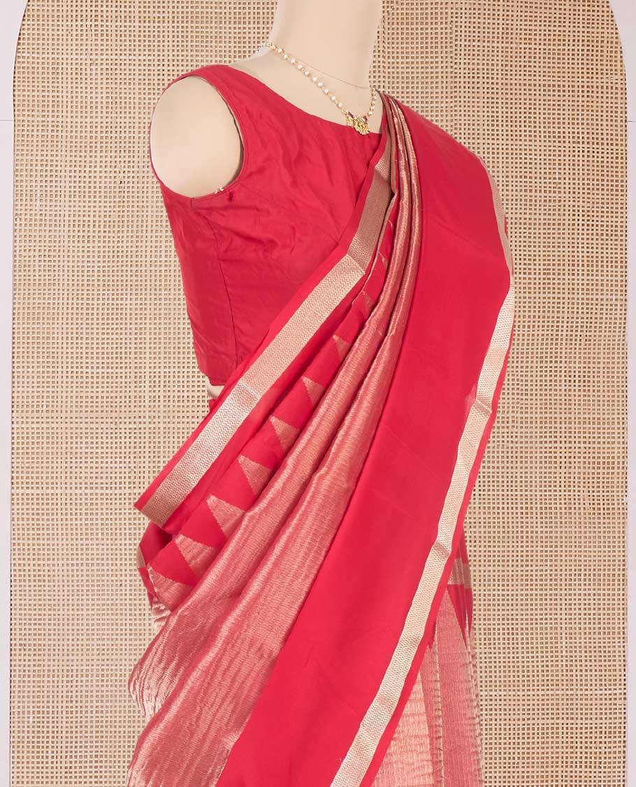 Red plain shimmer Mysore silk saree, rettai pettu temple border, and Pichwai cow motifs zari pallu - Image 3