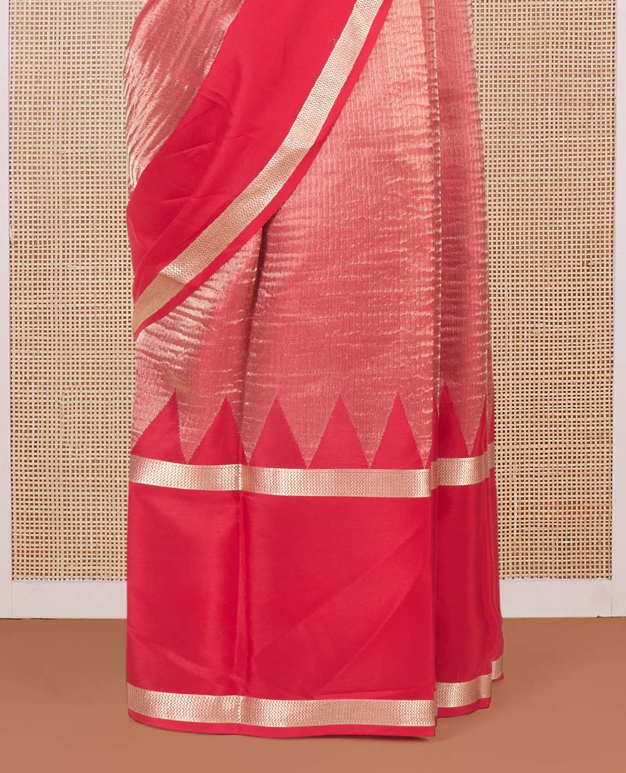 Red plain shimmer Mysore silk saree, rettai pettu temple border, and Pichwai cow motifs zari pallu - Image 4