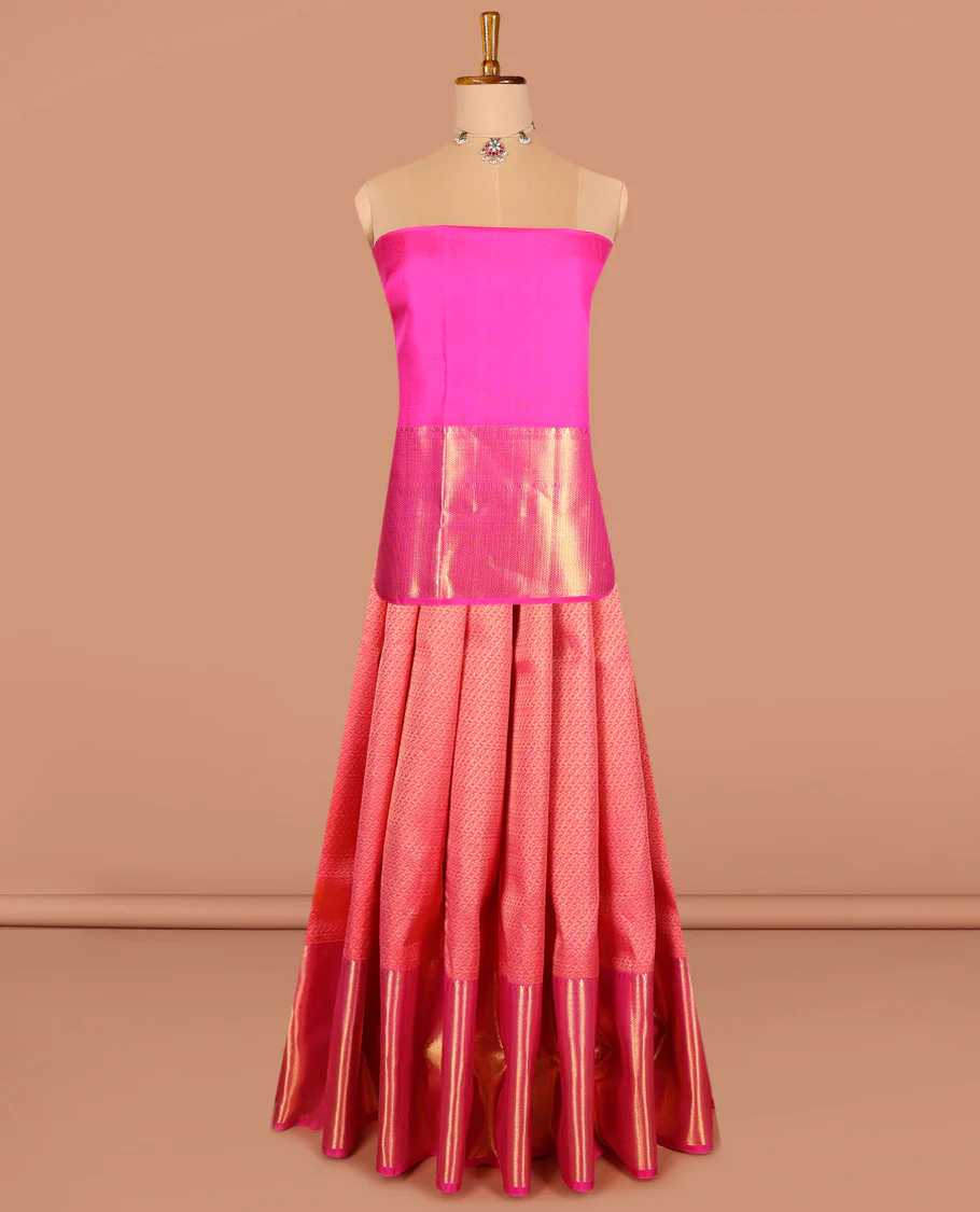 Red pure silk half-saree, jacquard skirt, contrast border of thilakam, mayil kann and vanki designs, and contrast zari design blouse, and jaal dhavani - Image 3
