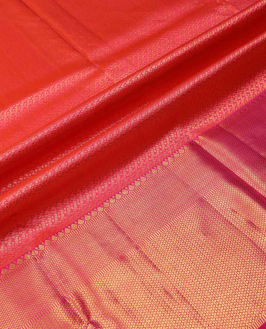 Red pure silk half-saree, jacquard skirt, contrast border of thilakam, mayil kann and vanki designs, and contrast zari design blouse, and jaal dhavani - Image 4
