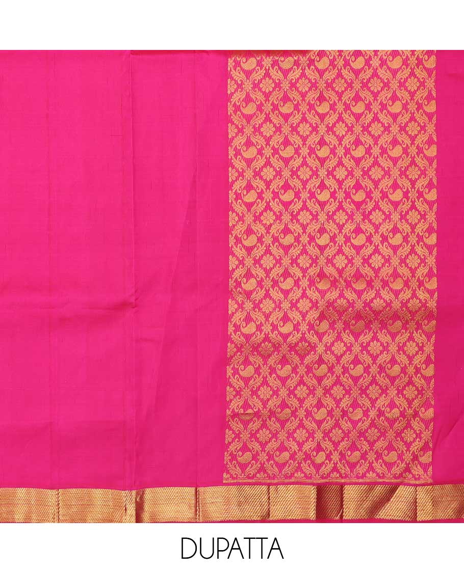 Red pure silk half-saree, jacquard skirt, contrast border of thilakam, mayil kann and vanki designs, and contrast zari design blouse, and jaal dhavani - Image 6