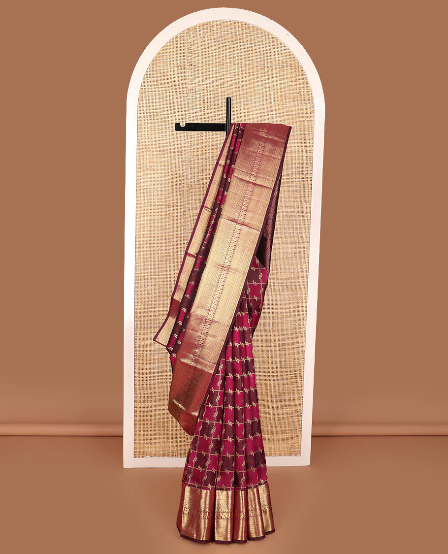 Red rangkat jacquard Kanchipuram wedding silk saree, zari border of manga, rettai neli, kuyil kann, laddu kamalam, mayil, diamond, and cross neli, and kamalam steeped pallu