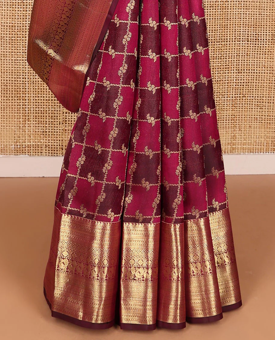 Red rangkat jacquard Kanchipuram wedding silk saree, zari border of manga, rettai neli, kuyil kann, laddu kamalam, mayil, diamond, and cross neli, and kamalam steeped pallu - Image 5
