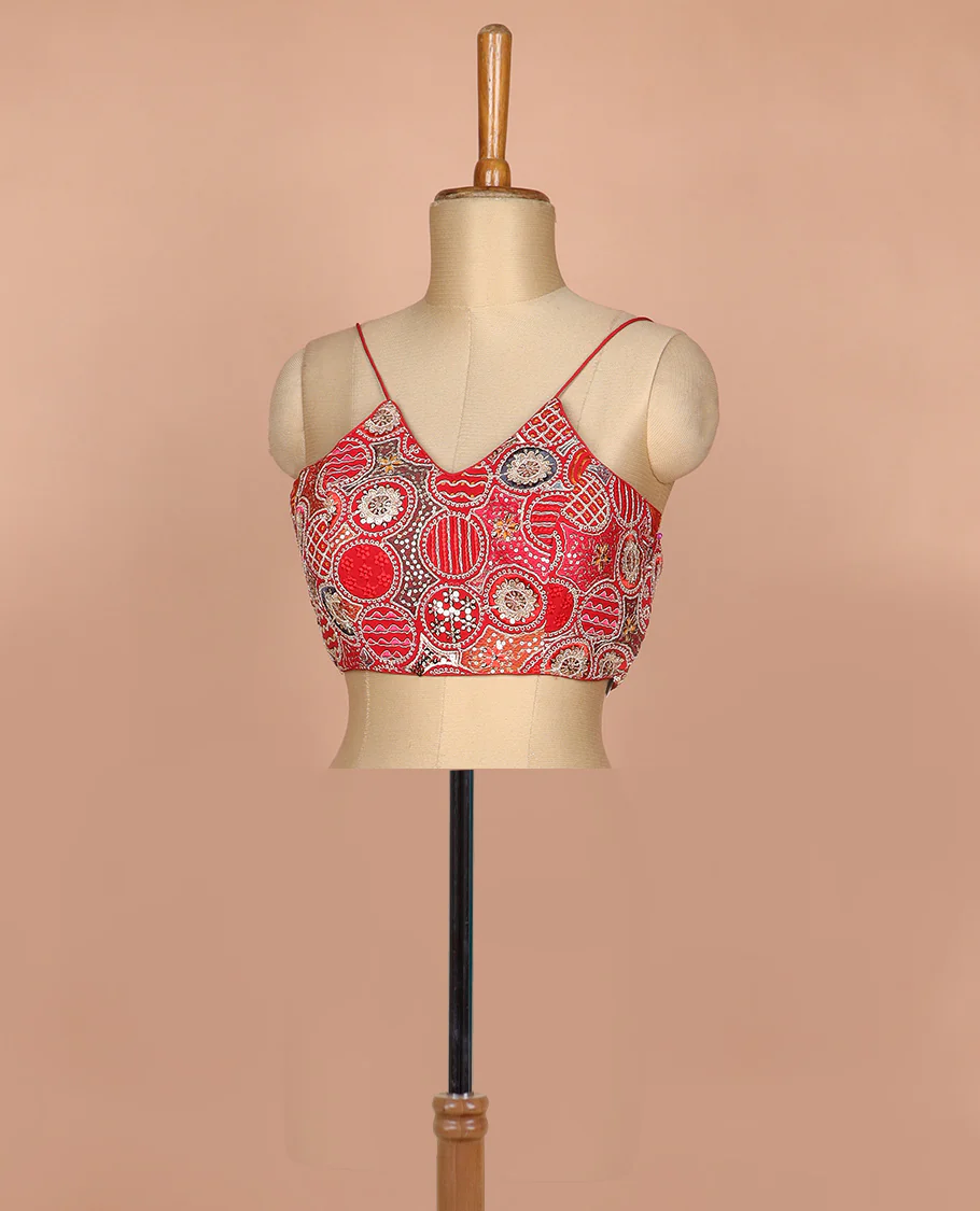 Red resham thread and sequins embroidered spaghetti sleeve V-neck readymade blouse - Image 2