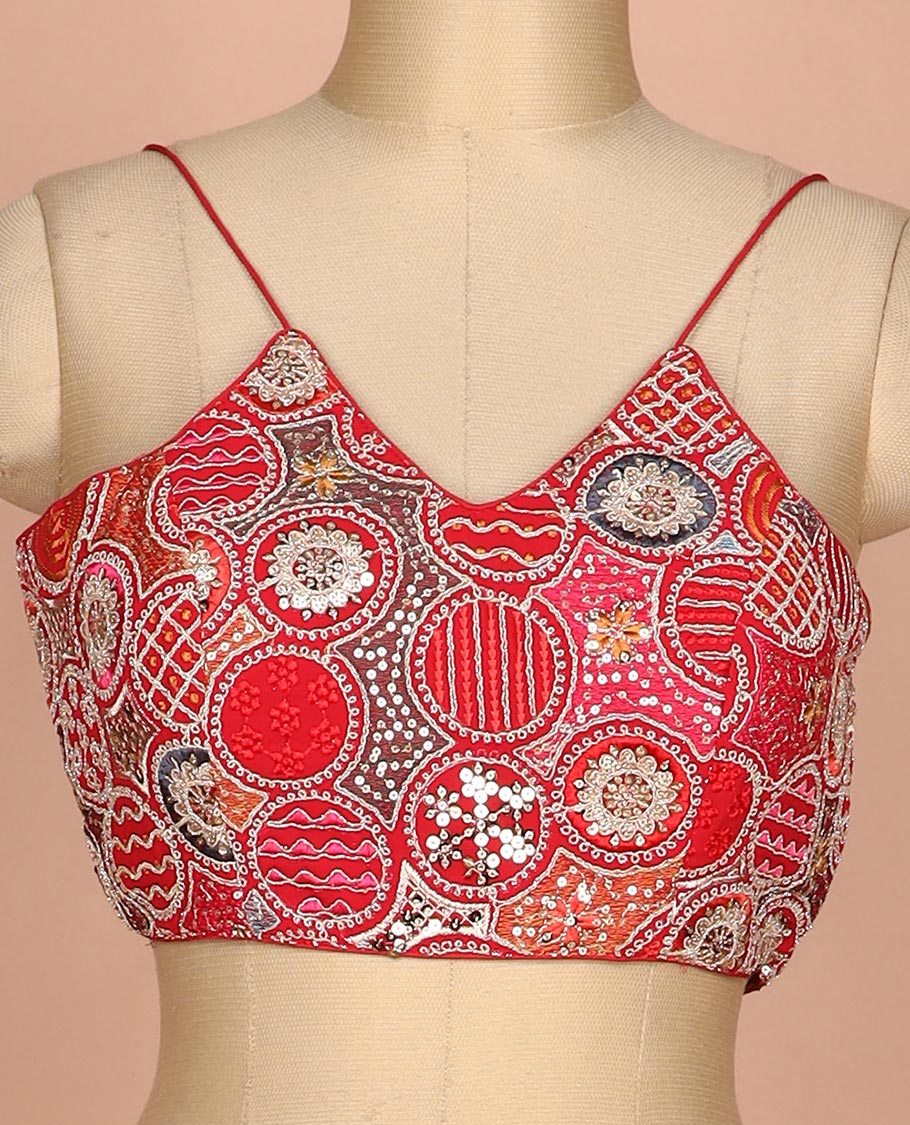 Red resham thread and sequins embroidered spaghetti sleeve V-neck readymade blouse - Image 3