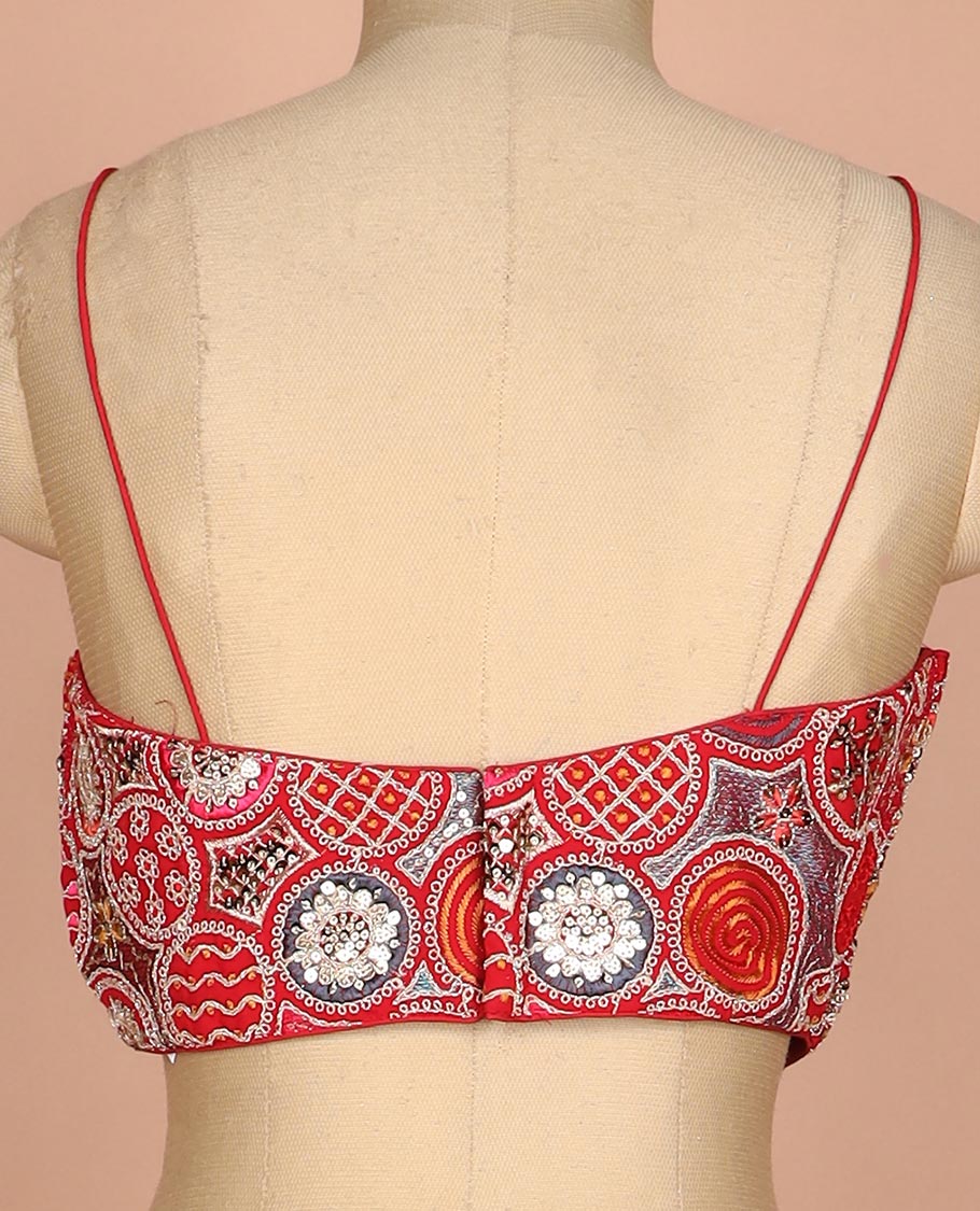 Red resham thread and sequins embroidered spaghetti sleeve V-neck readymade blouse - Image 4