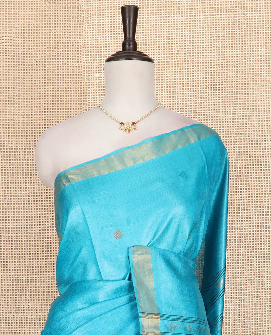 Red rudraksha buttas tussar saree, zari border, and pallu of meena buttas - Image 3