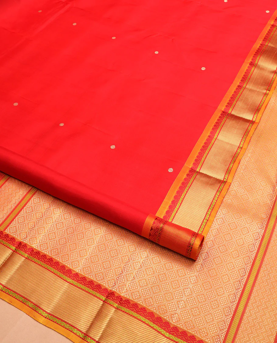 Red rudraksham buttas Kanchipuram silk saree, contrast border of thilakam mokku, neli, and stripes, and jaal pallu - Image 2