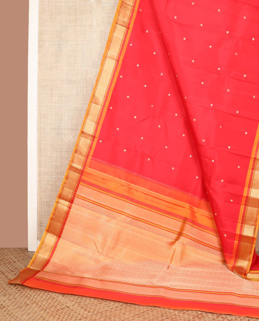 Red rudraksham buttas Kanchipuram silk saree, contrast border of thilakam mokku, neli, and stripes, and jaal pallu - Image 3