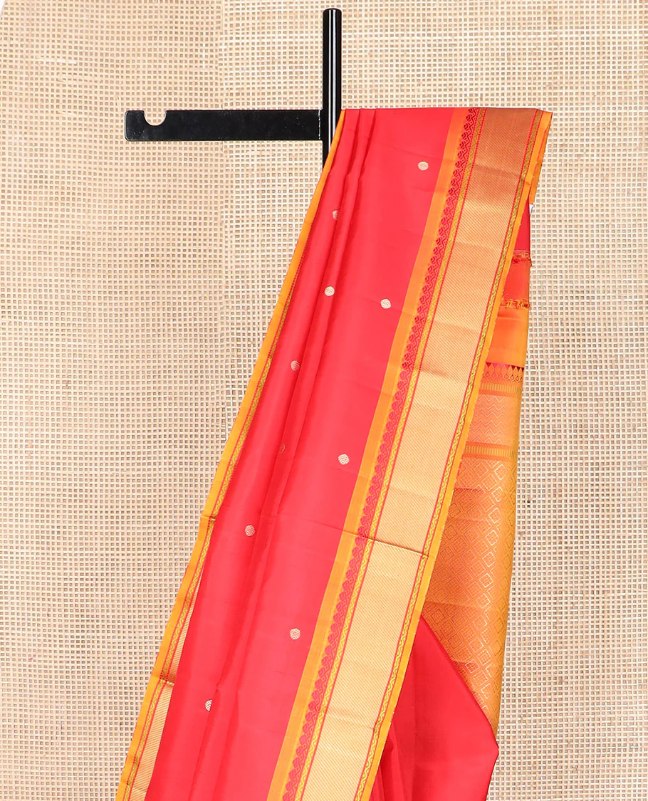 Red rudraksham buttas Kanchipuram silk saree, contrast border of thilakam mokku, neli, and stripes, and jaal pallu - Image 4