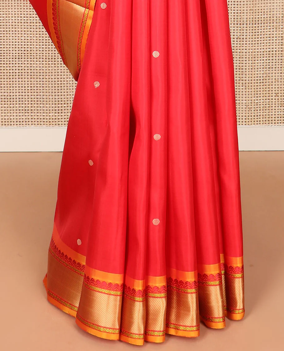 Red rudraksham buttas Kanchipuram silk saree, contrast border of thilakam mokku, neli, and stripes, and jaal pallu - Image 5