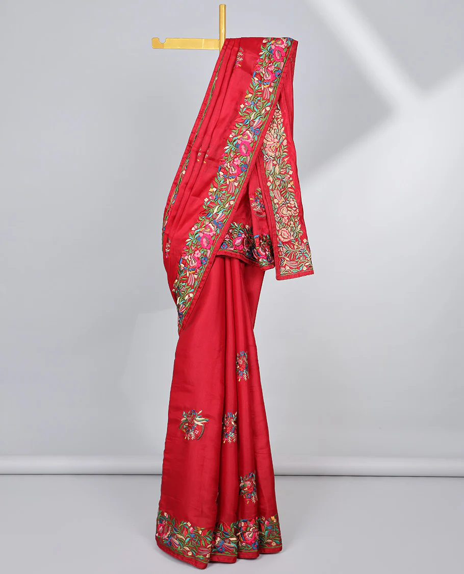 Red semi-banaras tussar saree features multi-color floral & bird motifs thread embroidery - Image 2