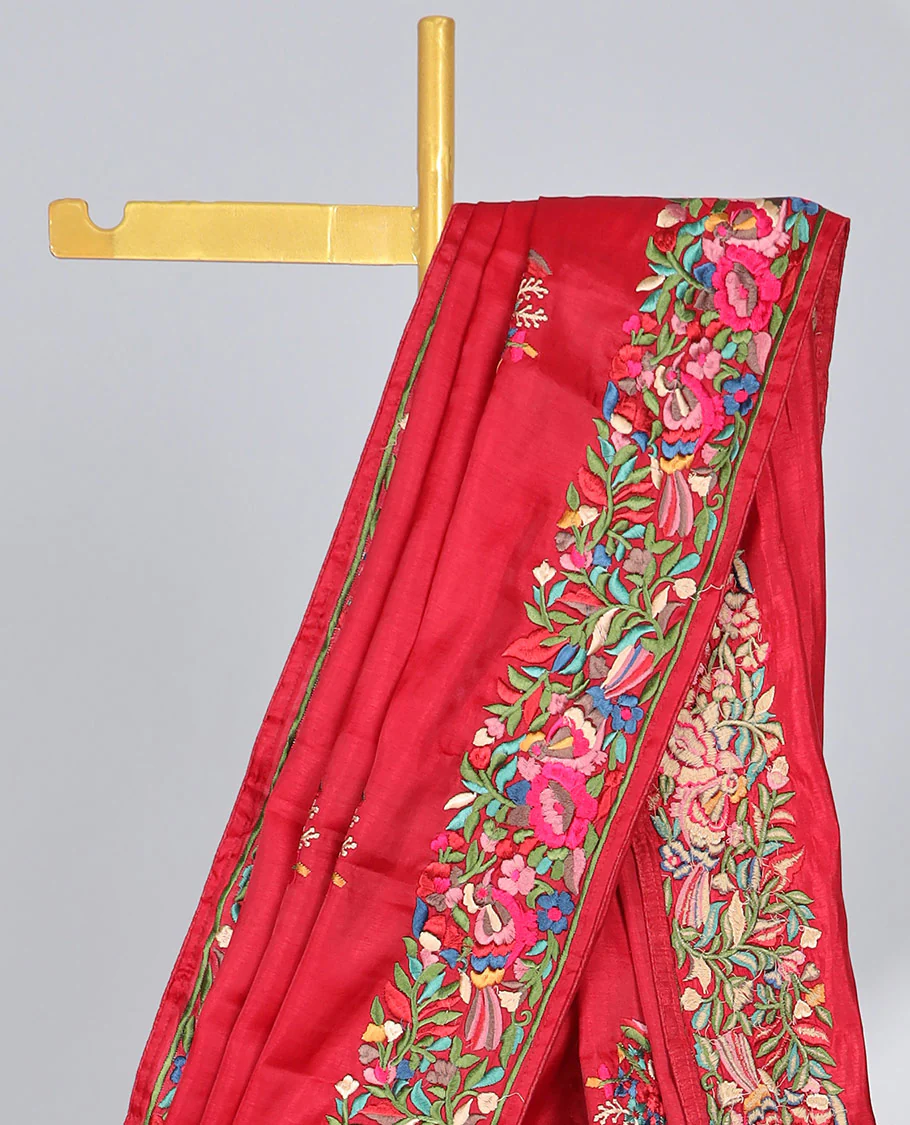 Red semi-banaras tussar saree features multi-color floral & bird motifs thread embroidery - Image 3