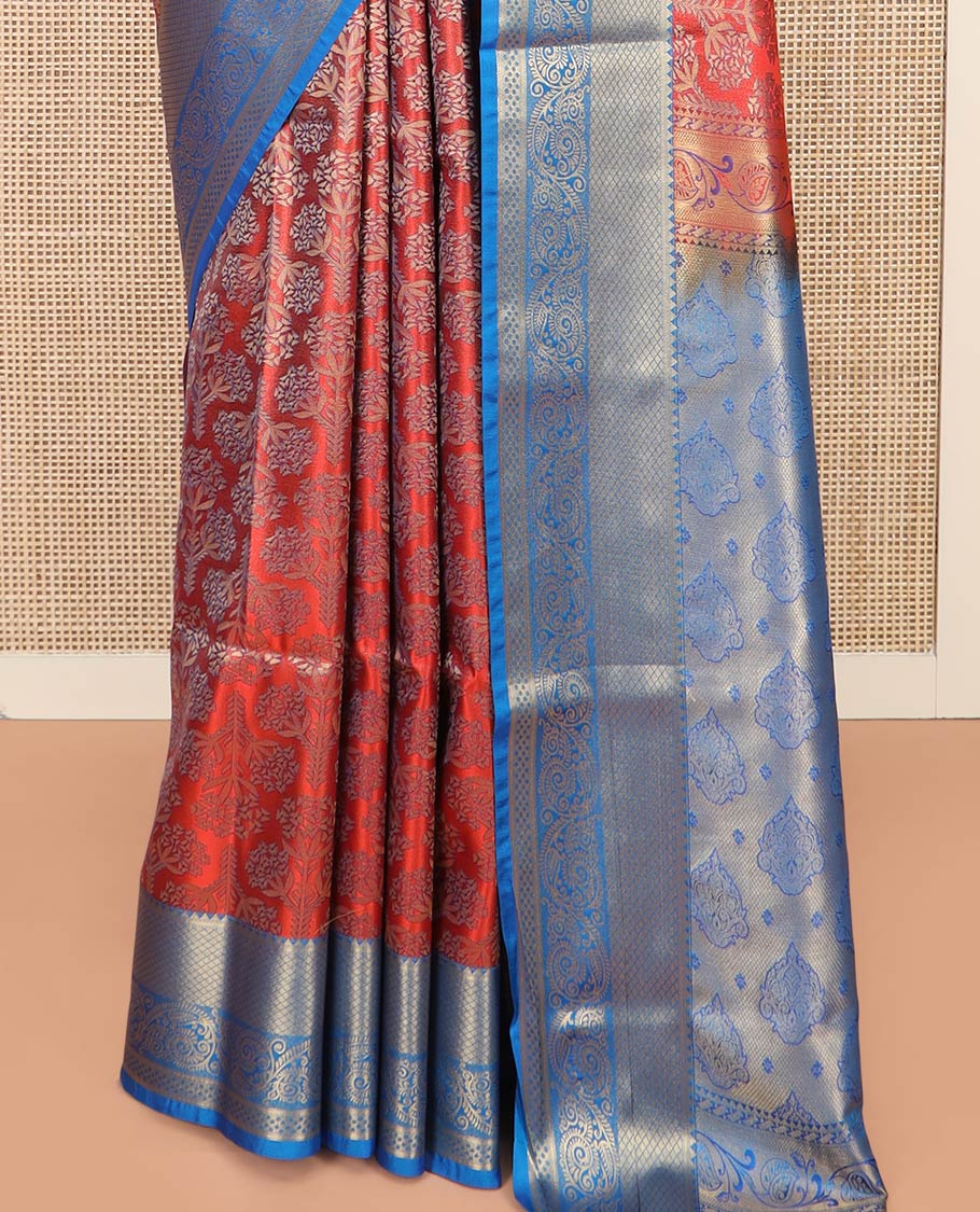 Red Semi-Soft Silk Saree Artfully Detailed with Floral Designs, Complemented by Contrast Traditional Zari Design Border, Pallu Steeped with Intricate Designs, and Paired with a Contrast Blouse - Image 4