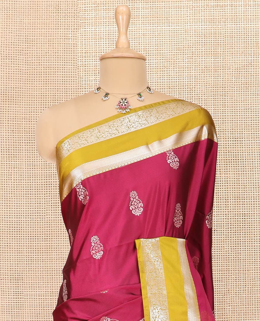 Red Semi-Soft Silk Saree Bedecked with Zari Buttas, Complemented by Contrast Traditional Zari Design Rettai Pettu Border, Pallu Gleamed Up with Scallop Designs, and Paired with a Contrast Blouse - Image 2