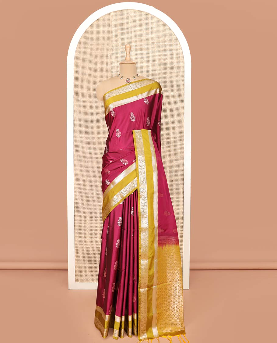 Red Semi-Soft Silk Saree Bedecked with Zari Buttas, Complemented by Contrast Traditional Zari Design Rettai Pettu Border, Pallu Gleamed Up with Scallop Designs, and Paired with a Contrast Blouse - Image 3