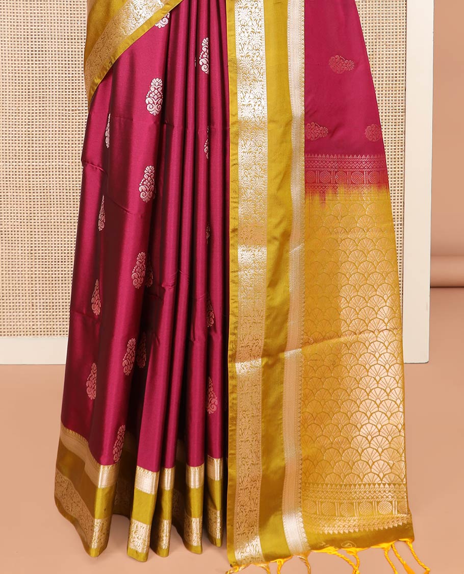 Red Semi-Soft Silk Saree Bedecked with Zari Buttas, Complemented by Contrast Traditional Zari Design Rettai Pettu Border, Pallu Gleamed Up with Scallop Designs, and Paired with a Contrast Blouse - Image 4