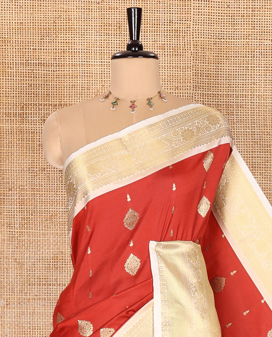 Red Soft Silk Saree Decked Up with Antique Zari Buttas, Complemented with a Contrast Traditional Zari Design Steeped Border, Adorned with Intricate Pallu, and a Contrast Blouse - Image 2