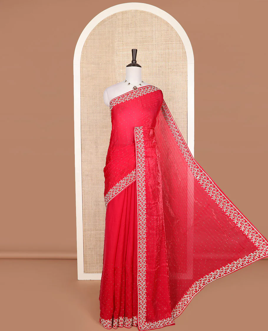 Red stone work designer saree, floral motifs micro-stone work border