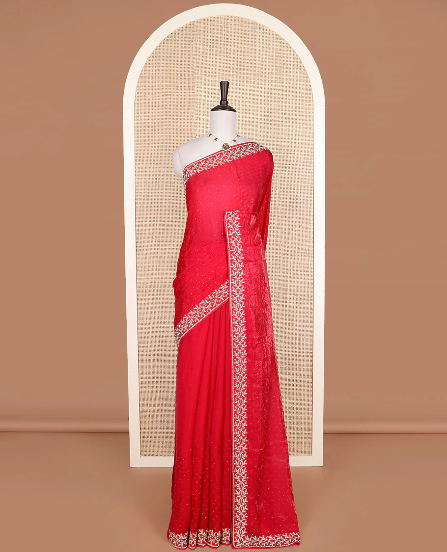 Red stone work designer saree, floral motifs micro-stone work border - Image 2