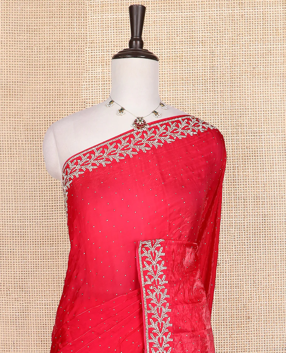 Red stone work designer saree, floral motifs micro-stone work border - Image 3