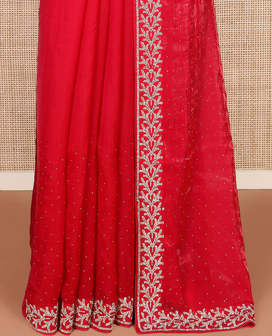 Red stone work designer saree, floral motifs micro-stone work border - Image 4