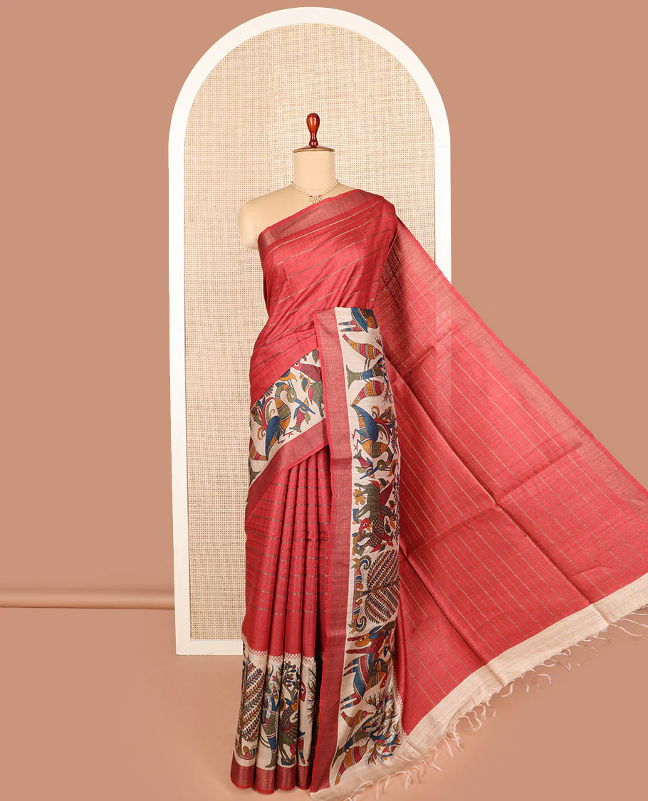 Red striped and Madhubani-style tussar saree, zari striped border, and pallu of stripes and Madhubani print