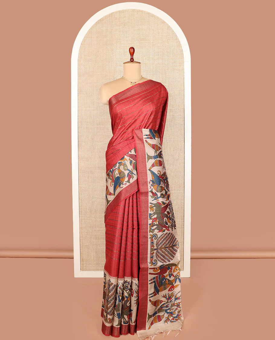 Red striped and Madhubani-style tussar saree, zari striped border, and pallu of stripes and Madhubani print - Image 2