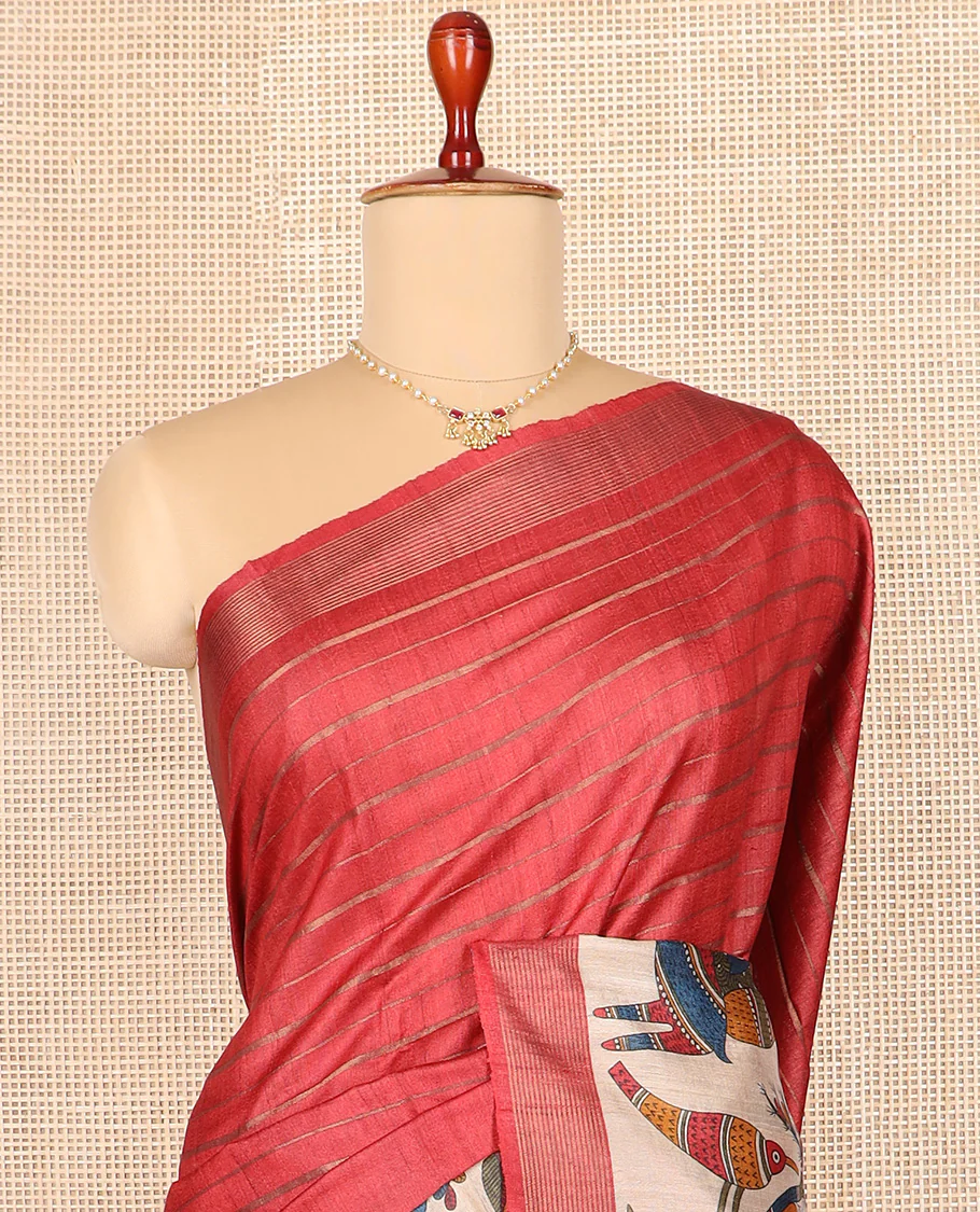 Red striped and Madhubani-style tussar saree, zari striped border, and pallu of stripes and Madhubani print - Image 3