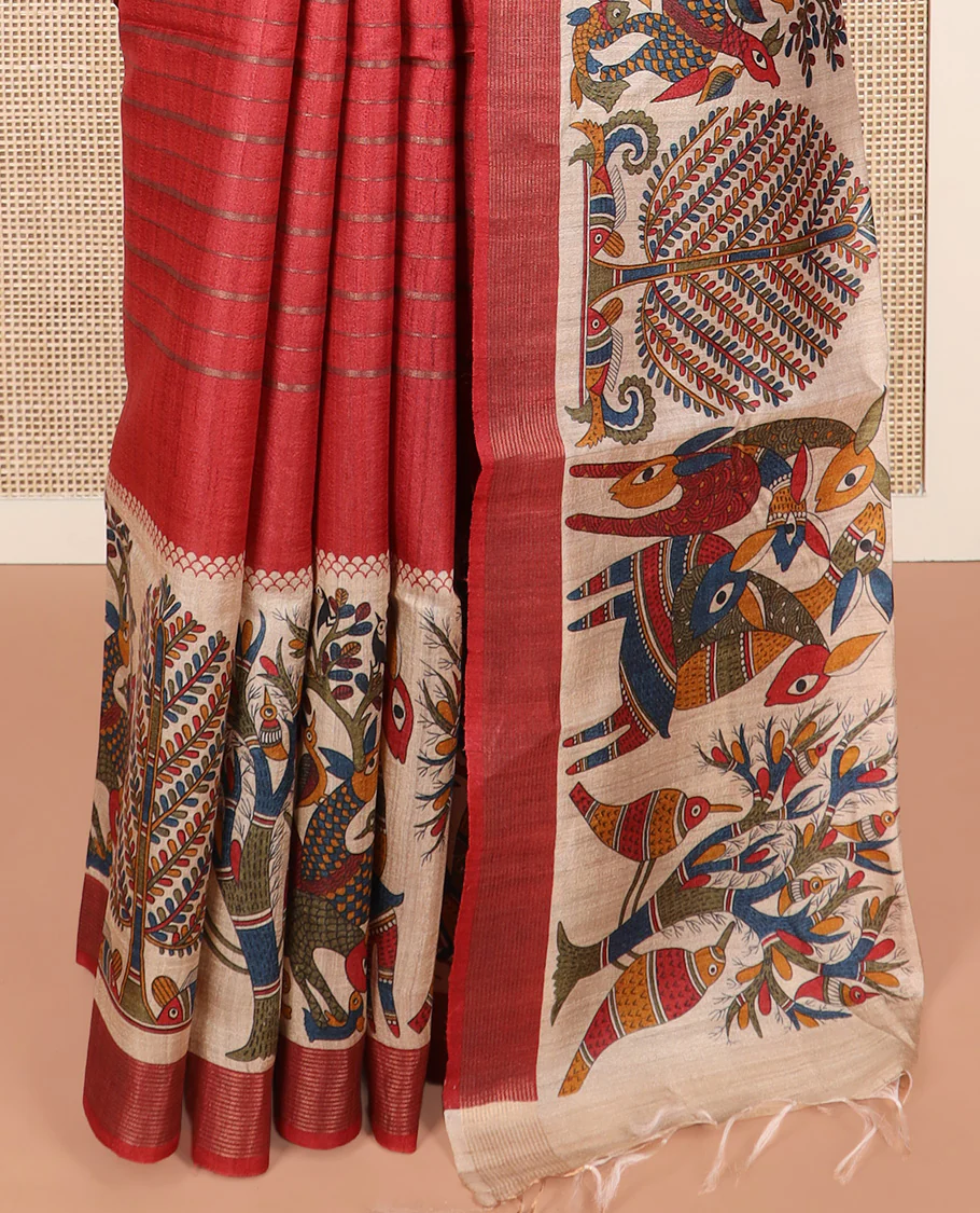 Red striped and Madhubani-style tussar saree, zari striped border, and pallu of stripes and Madhubani print - Image 4
